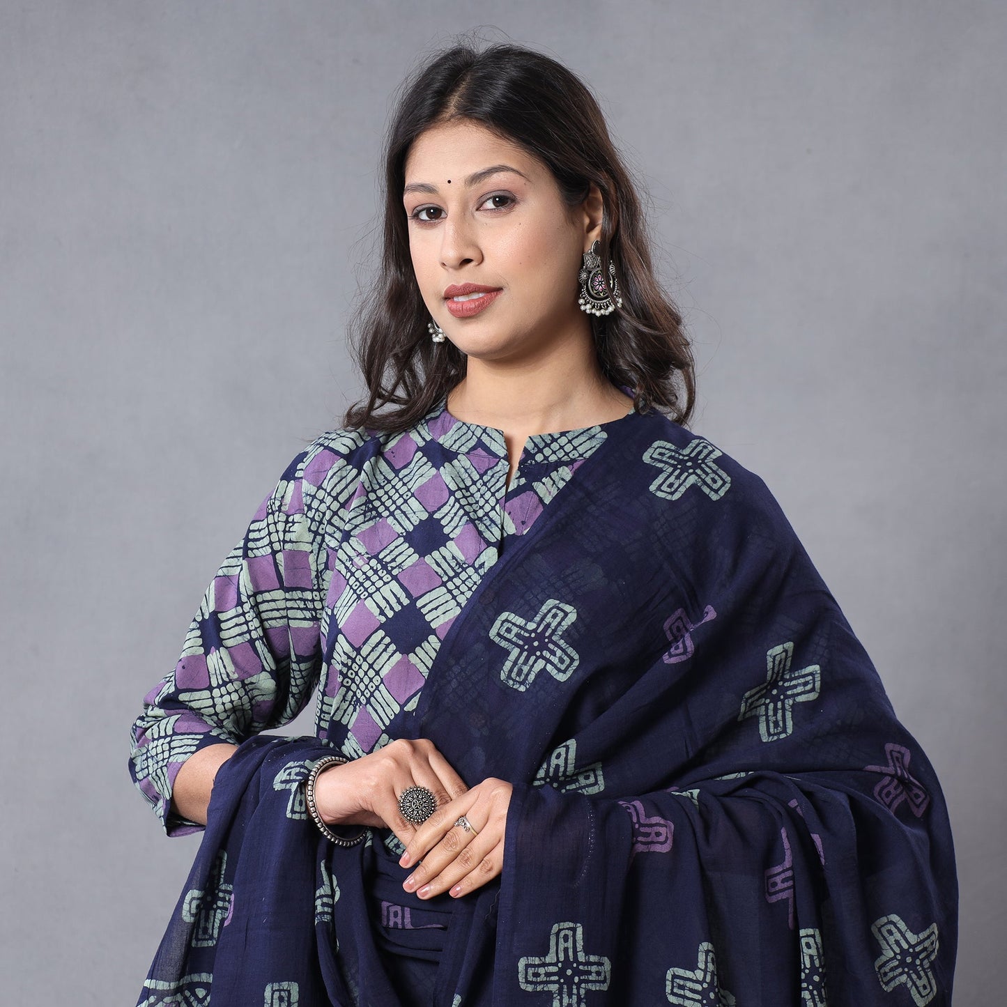 Hand batik printing cotton kurta with palazzo & dupatta set