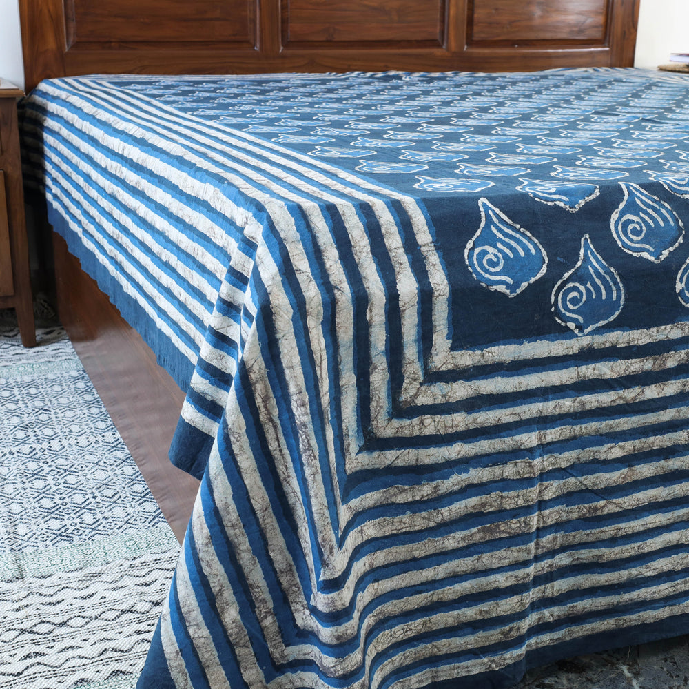 Blue - Block Art Print Cotton Double Bindaas Bed Sheet (110 x 93 in)