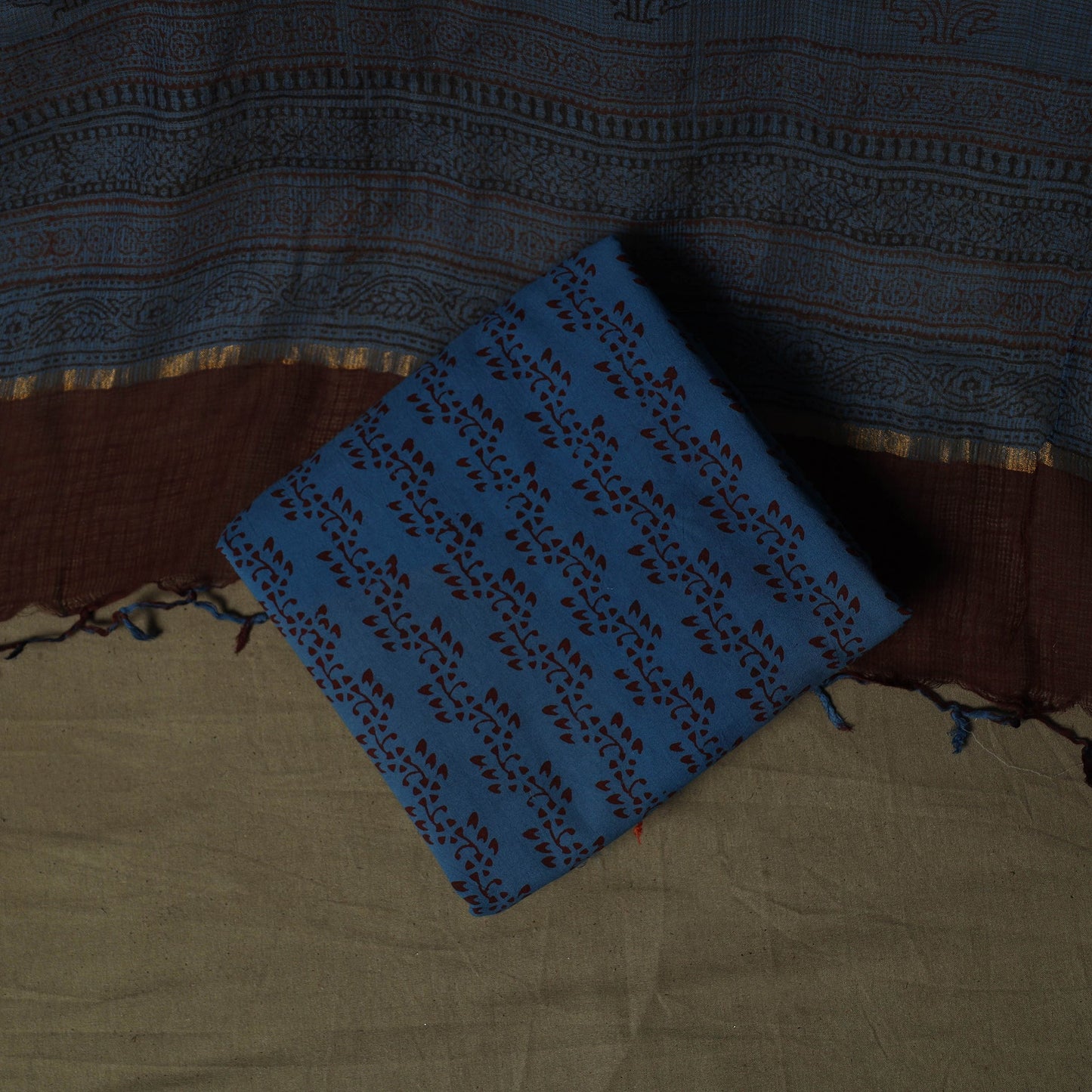 Hand block bagh print natural dyed kota doria cotton 3pc