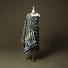 Hand block bagru print cotton 3pc unstitched dress material