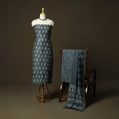 Hand block batik print chanderi silk 3pc unstitched dress