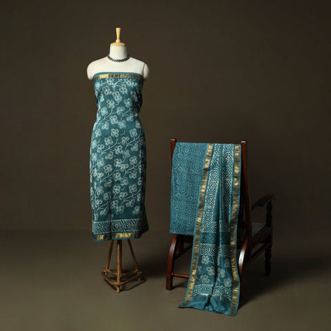 Hand block batik print maheshwari silk 3pc unstitched dress