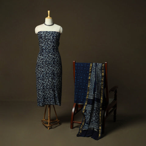 Hand block batik print maheshwari silk 3pc unstitched dress