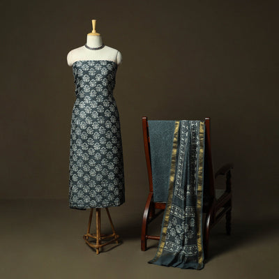 Hand block batik print maheshwari silk 3pc unstitched dress
