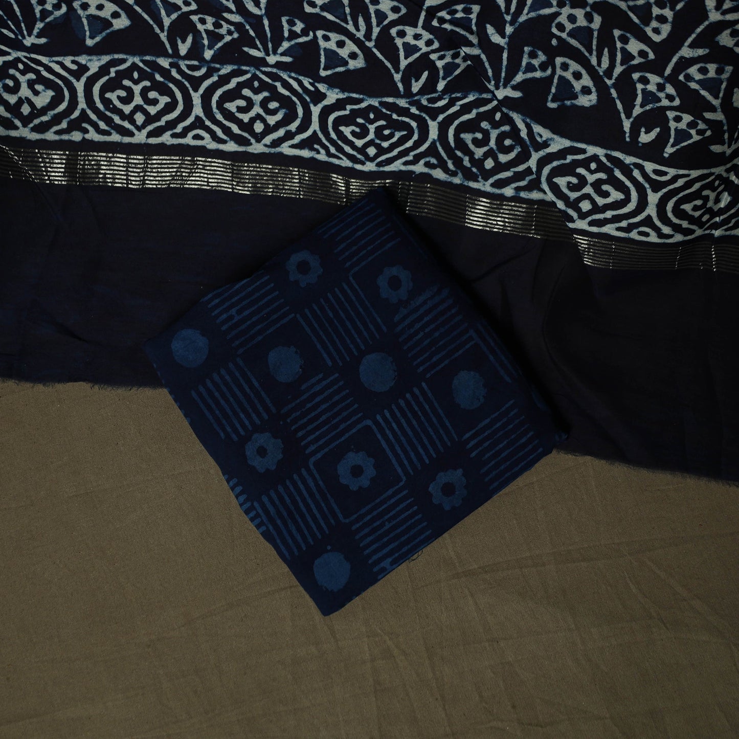 Hand block batik print maheshwari silk 3pc unstitched dress