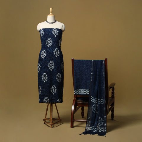 Hand indigo bagru linen 3pc unstitched dress material 37