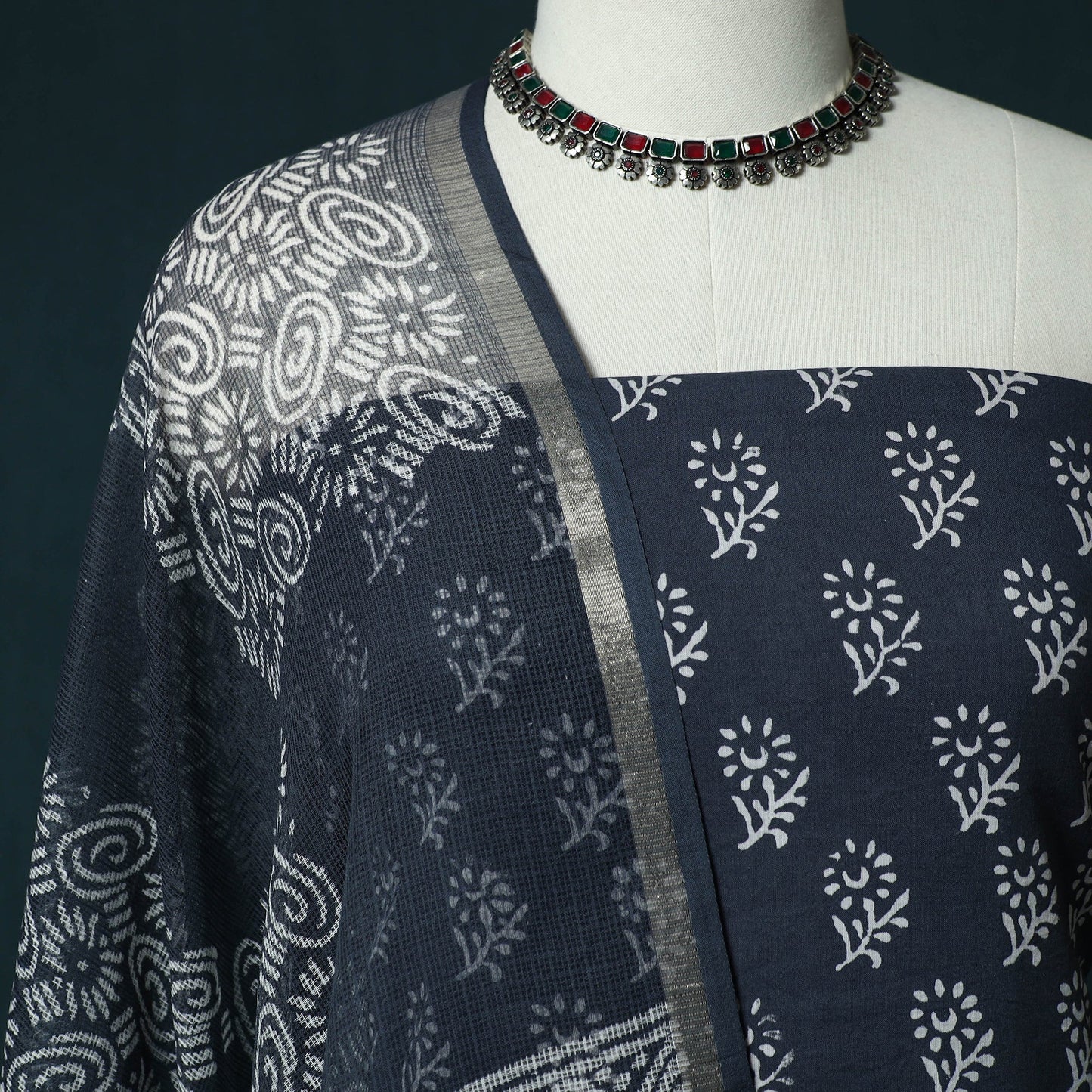 Hand block jaipur print cotton 3pc unstitched dress