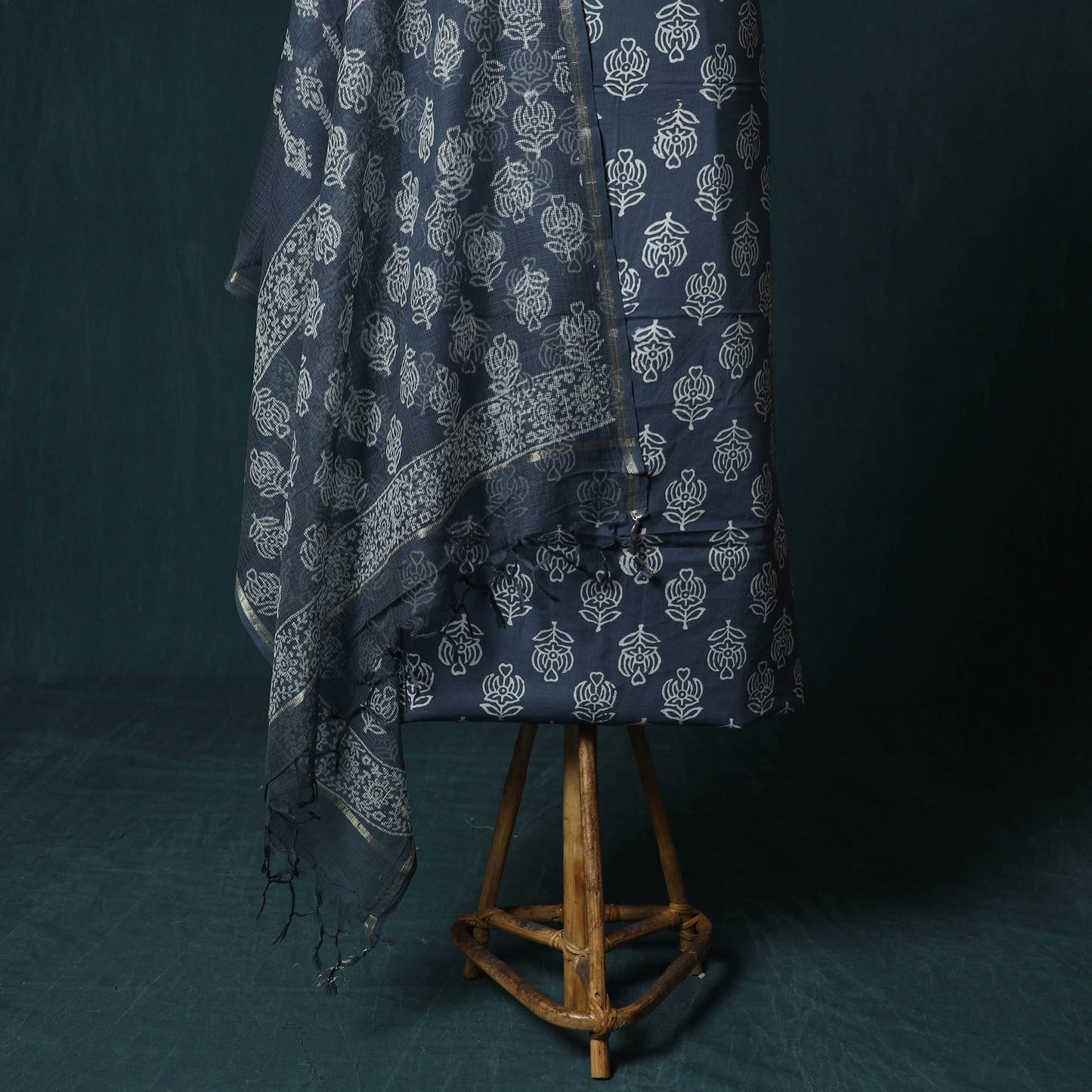 Hand block jaipur print cotton 3pc unstitched dress