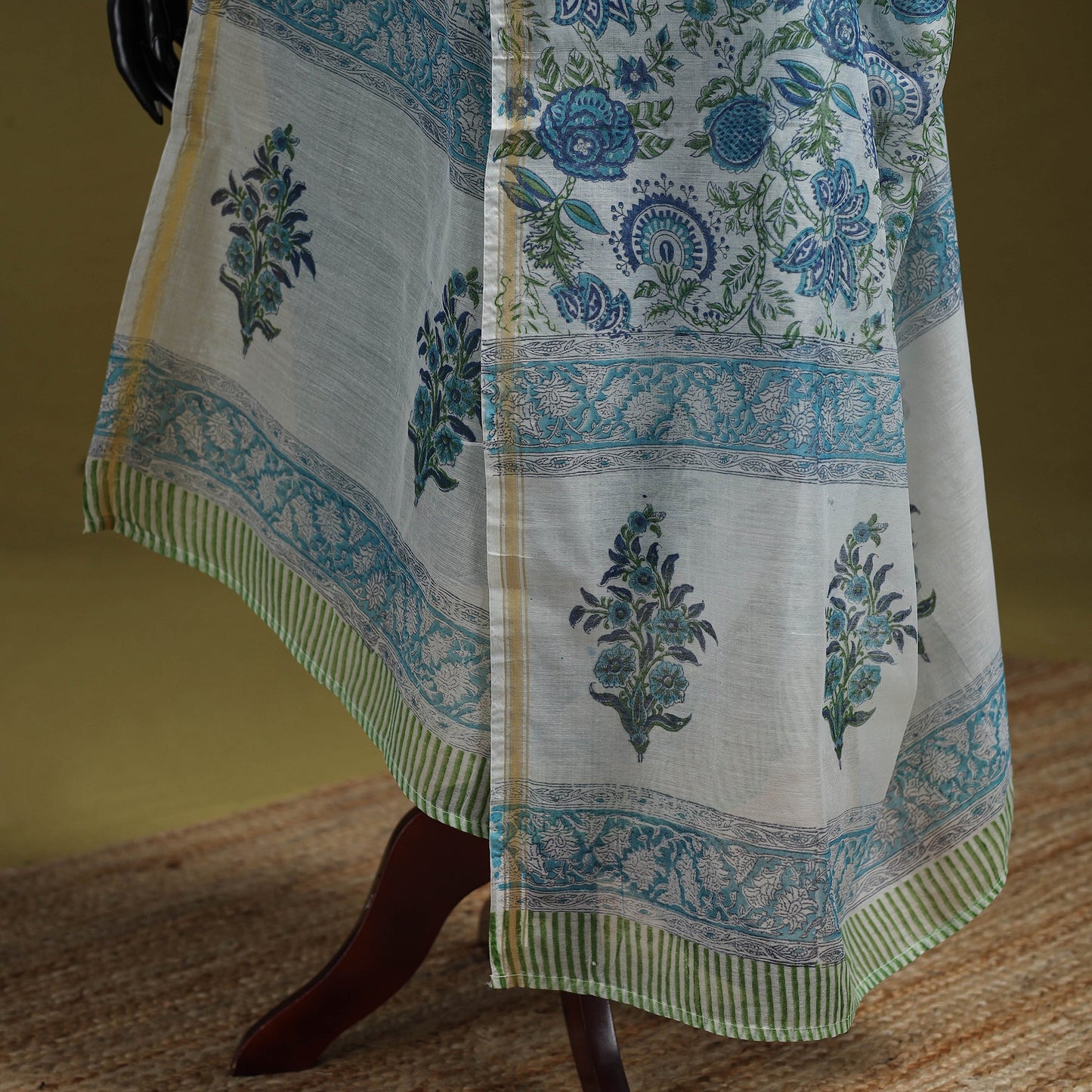 Hand chanderi silk sanganeri floral dupatta 40 - handcrafted