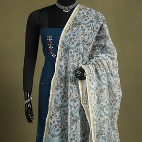 Blue Block Print Kota Doria Cotton Sanganeri Floral Dupatta 