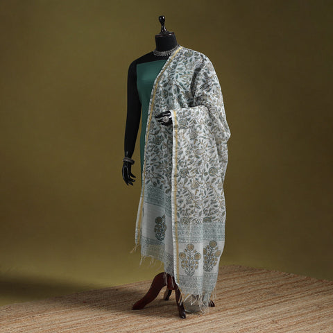 Hand chanderi silk sanganeri floral dupatta 46 - handcrafted
