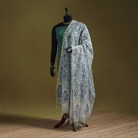 Hand chanderi silk sanganeri floral dupatta 47 - handcrafted