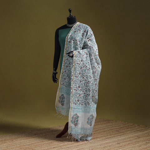 Hand chanderi silk sanganeri floral dupatta 56 - handcrafted