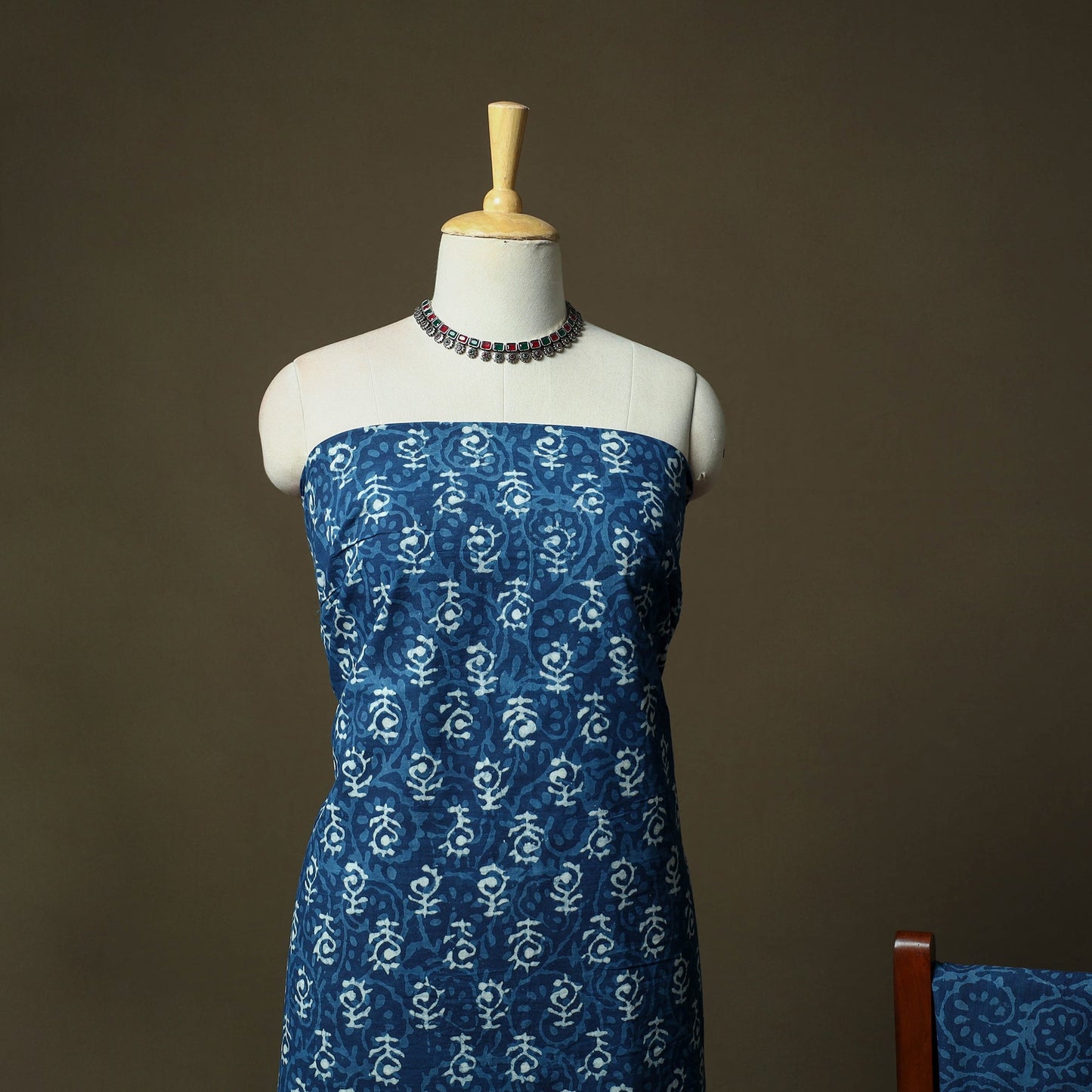 Hand block print cotton indigo bagru 3pc unstitched dress