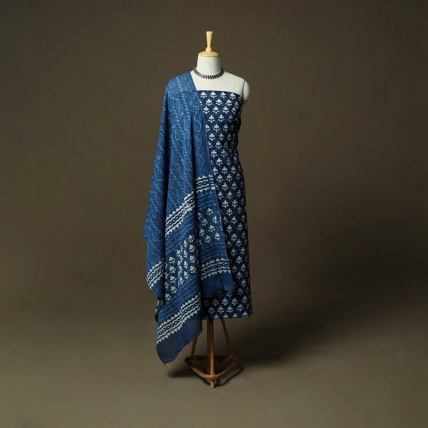 Hand block print cotton indigo bagru 3pc unstitched dress