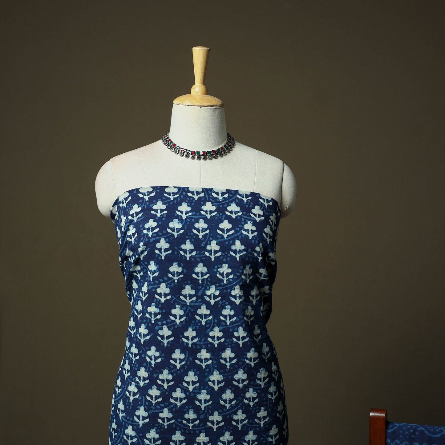 Hand block print cotton indigo bagru 3pc unstitched dress