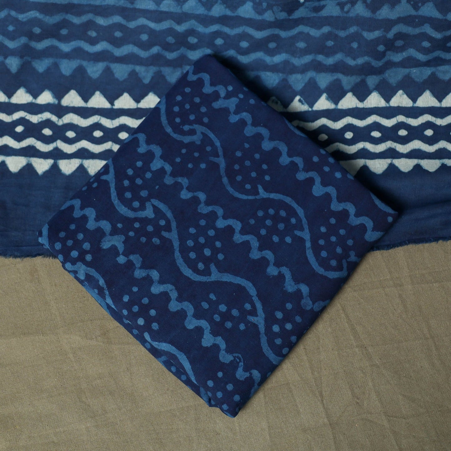 Hand block print cotton indigo bagru 3pc unstitched dress