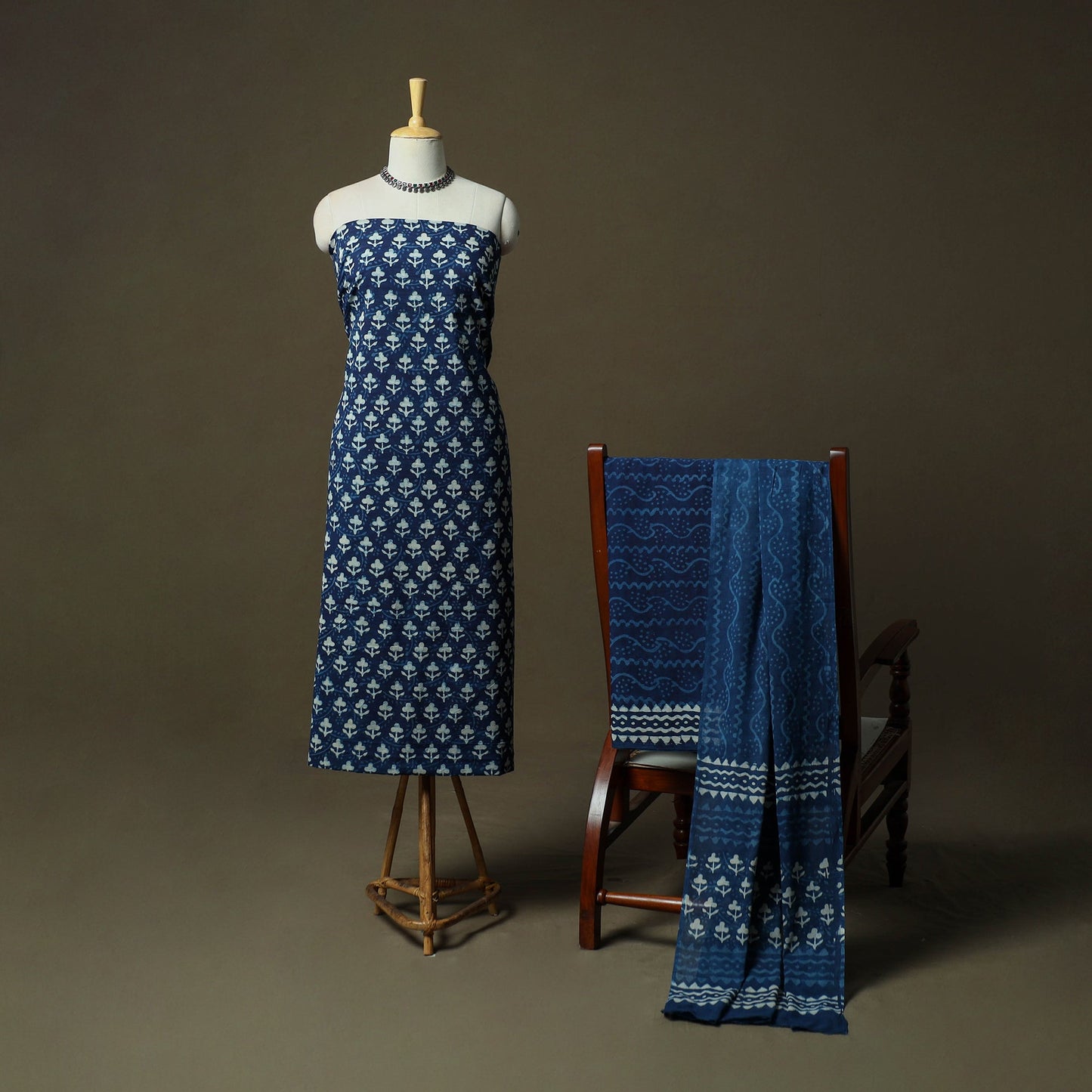 Hand block print cotton indigo bagru 3pc unstitched dress