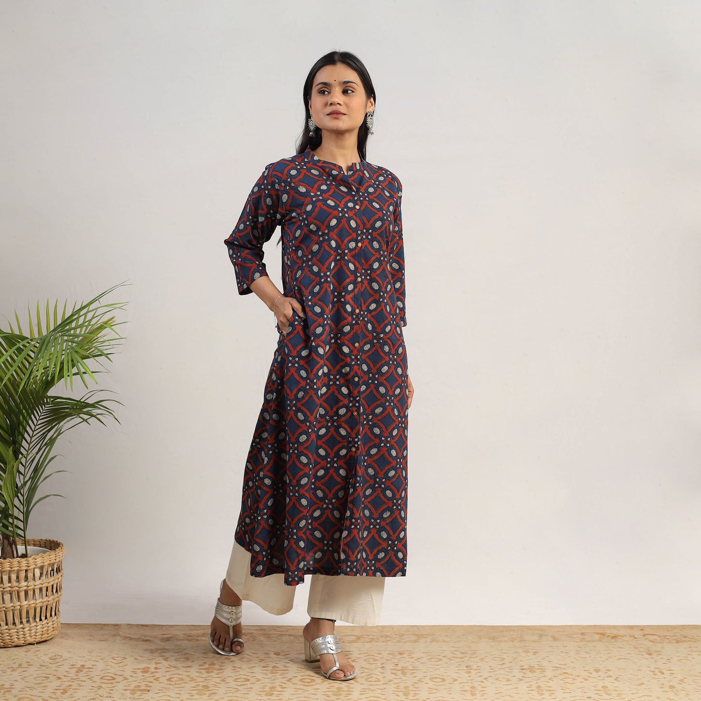 Buy Blue Hand Block Print Cotton A-Line Ajrakh Kurta