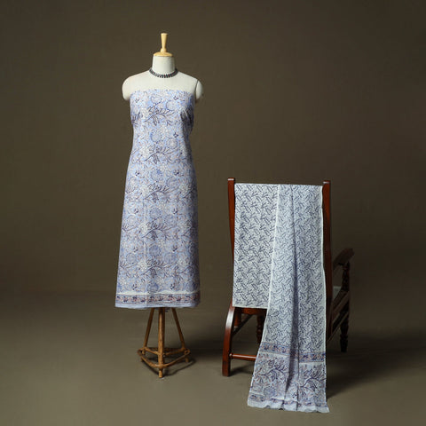 Hand block print cotton sanganeri 3pc unstitched dress