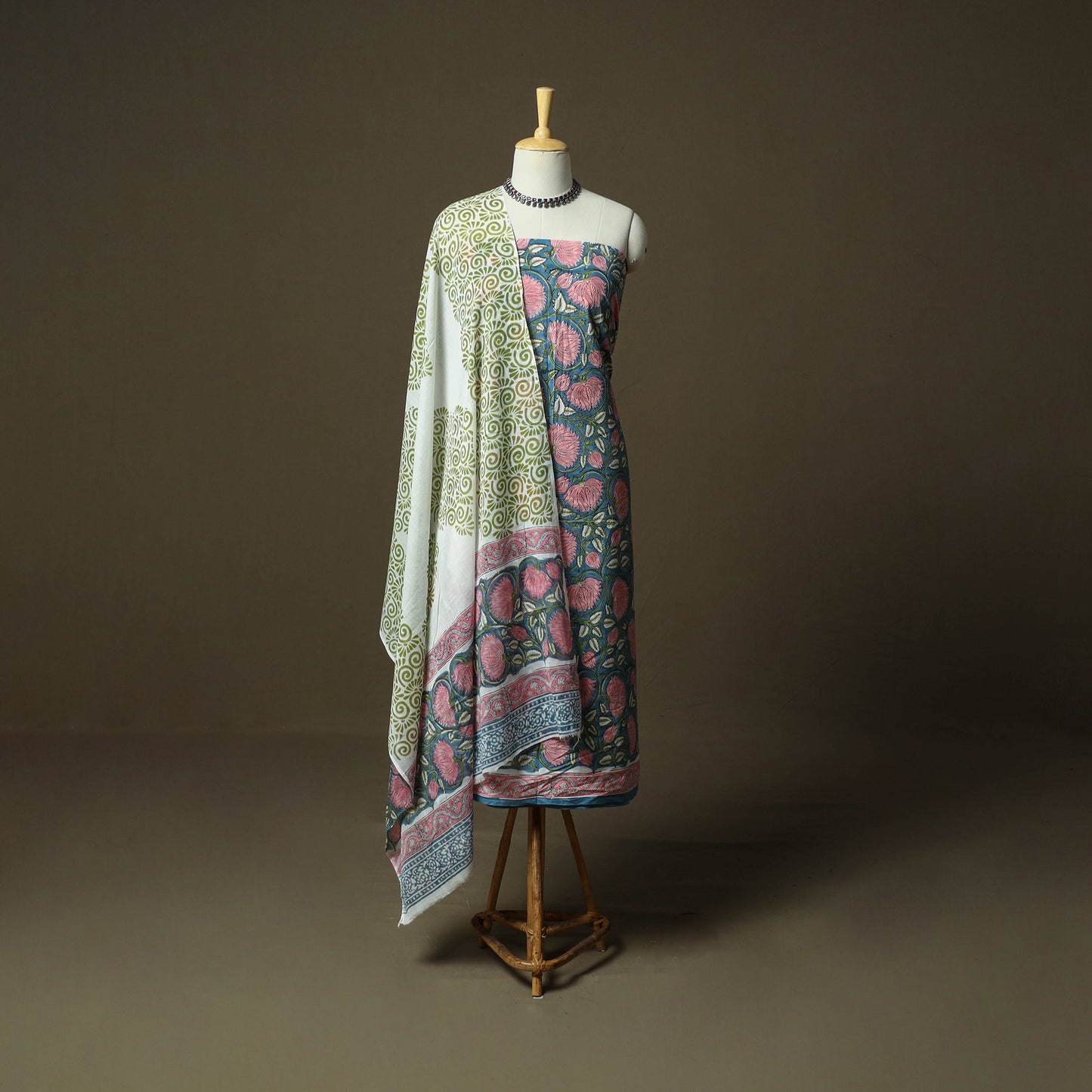 Hand block print cotton sanganeri 3pc unstitched dress