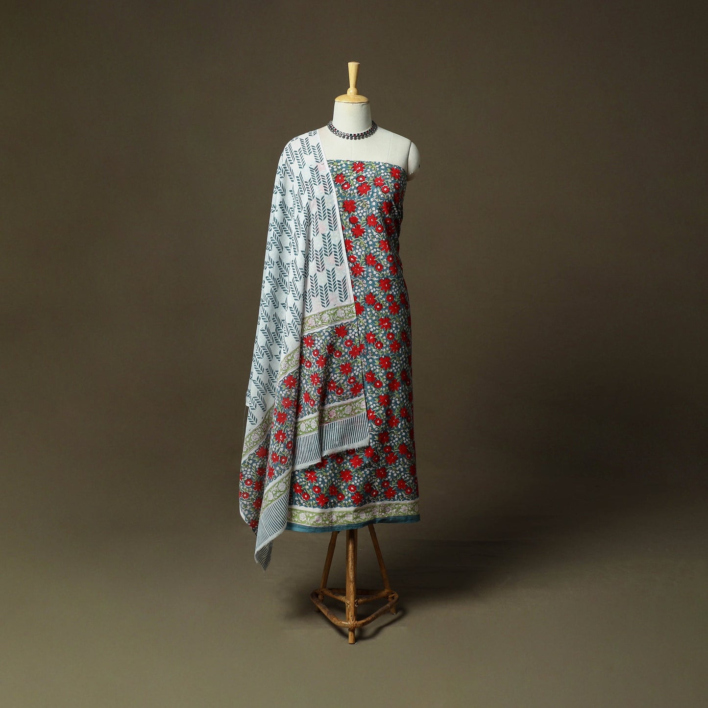 Hand block print cotton sanganeri 3pc unstitched dress