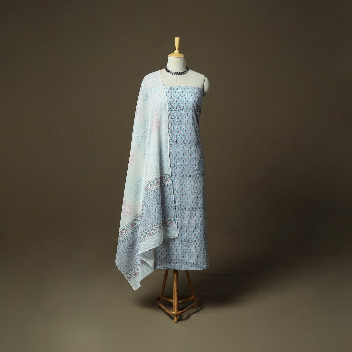 Hand block print cotton sanganeri 3pc unstitched dress
