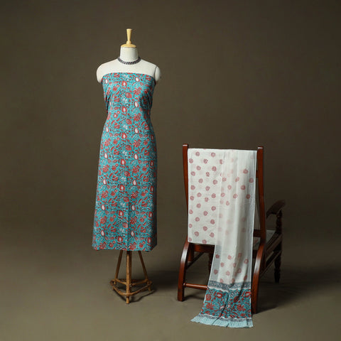 Hand block print cotton sanganeri 3pc unstitched dress