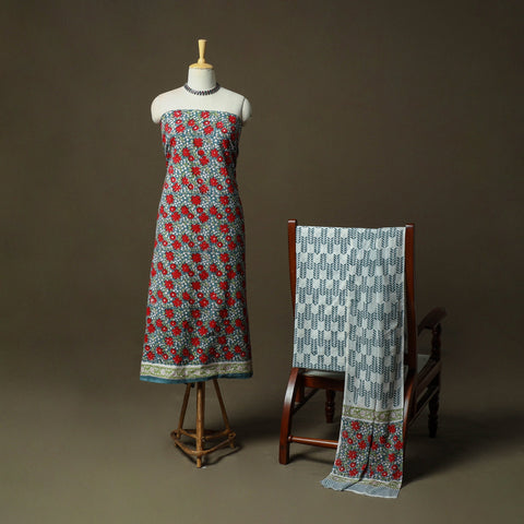 Hand block print cotton sanganeri 3pc unstitched dress