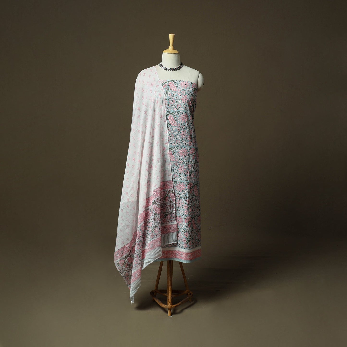 Hand block print cotton sanganeri 3pc unstitched dress