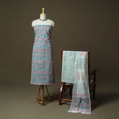 Hand block print cotton sanganeri 3pc unstitched dress