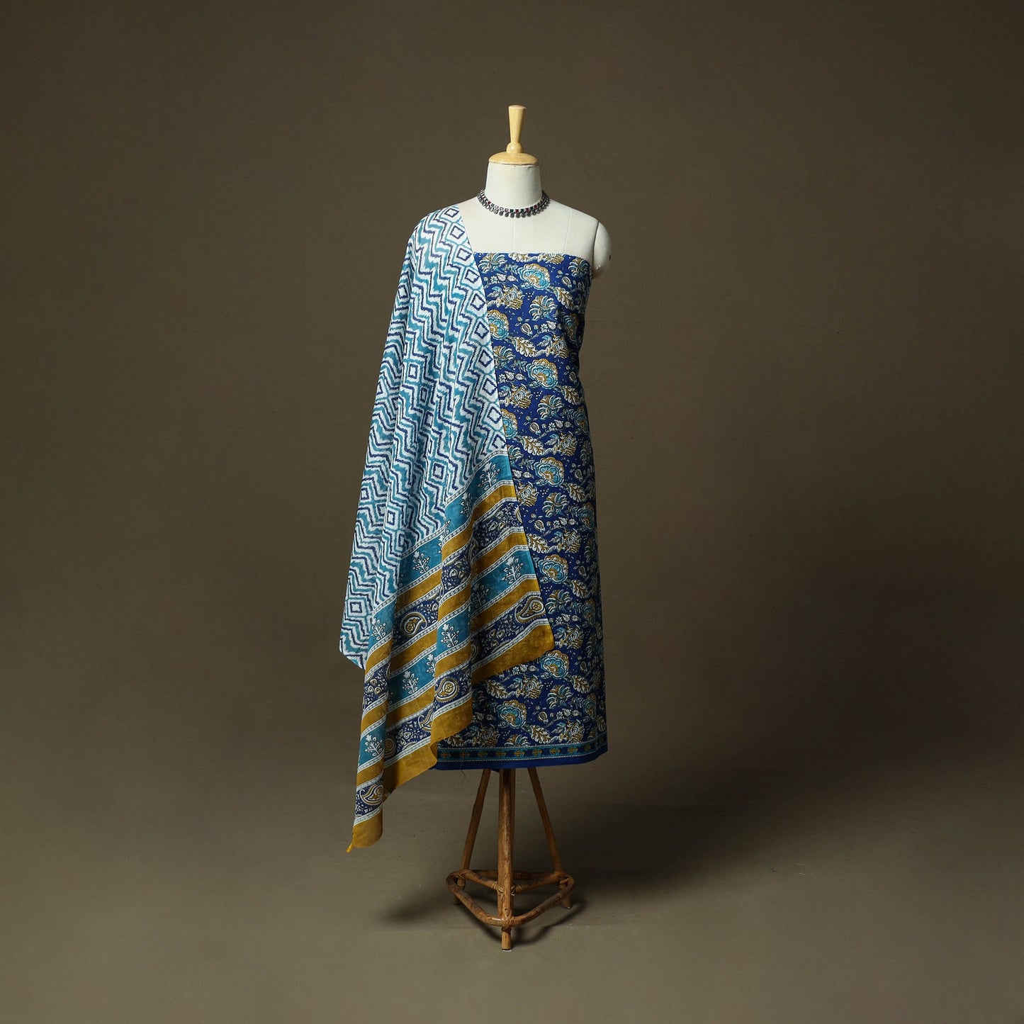 Hand block print cotton sanganeri 3pc unstitched dress