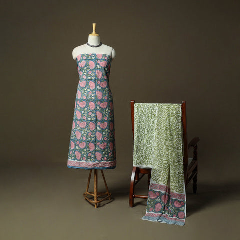 Hand block print cotton sanganeri 3pc unstitched dress