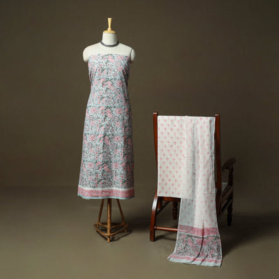 Hand block print cotton sanganeri 3pc unstitched dress