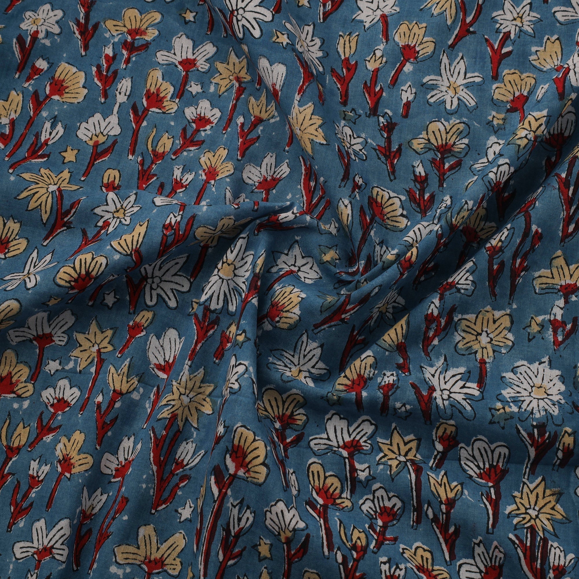 Blue Hand Block Print Cotton Sanganeri Fabric