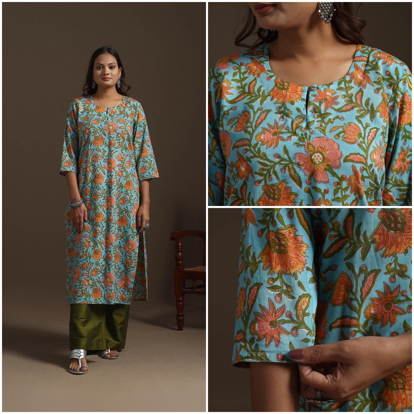 Hand cotton straight sanganeri kurta for women 06