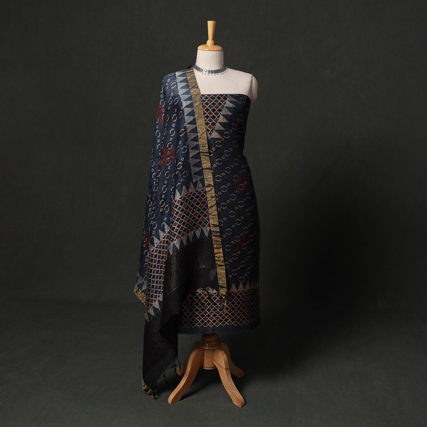 Hand block print linen silk natural dyed ajrakh 2pc