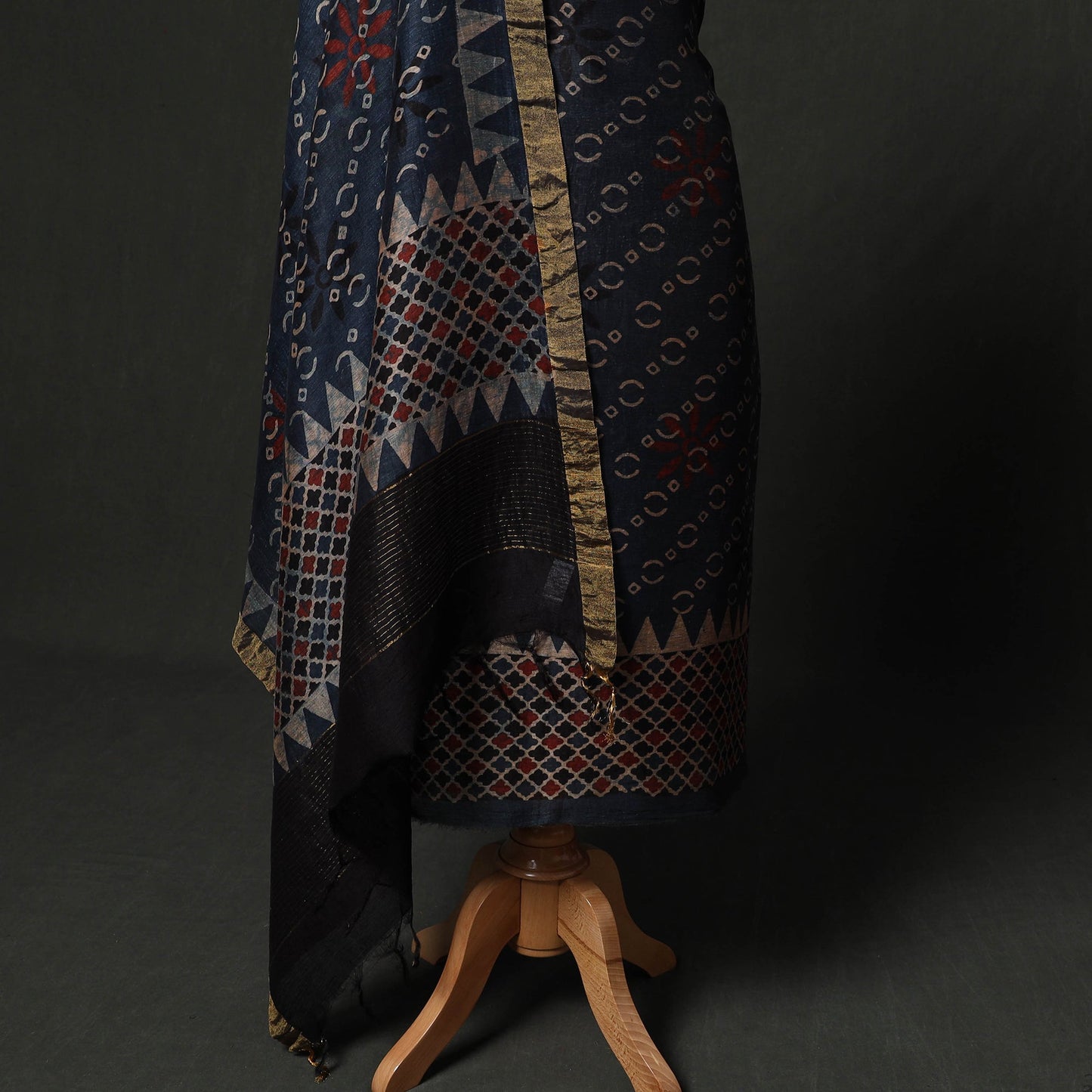 Hand block print linen silk natural dyed ajrakh 2pc