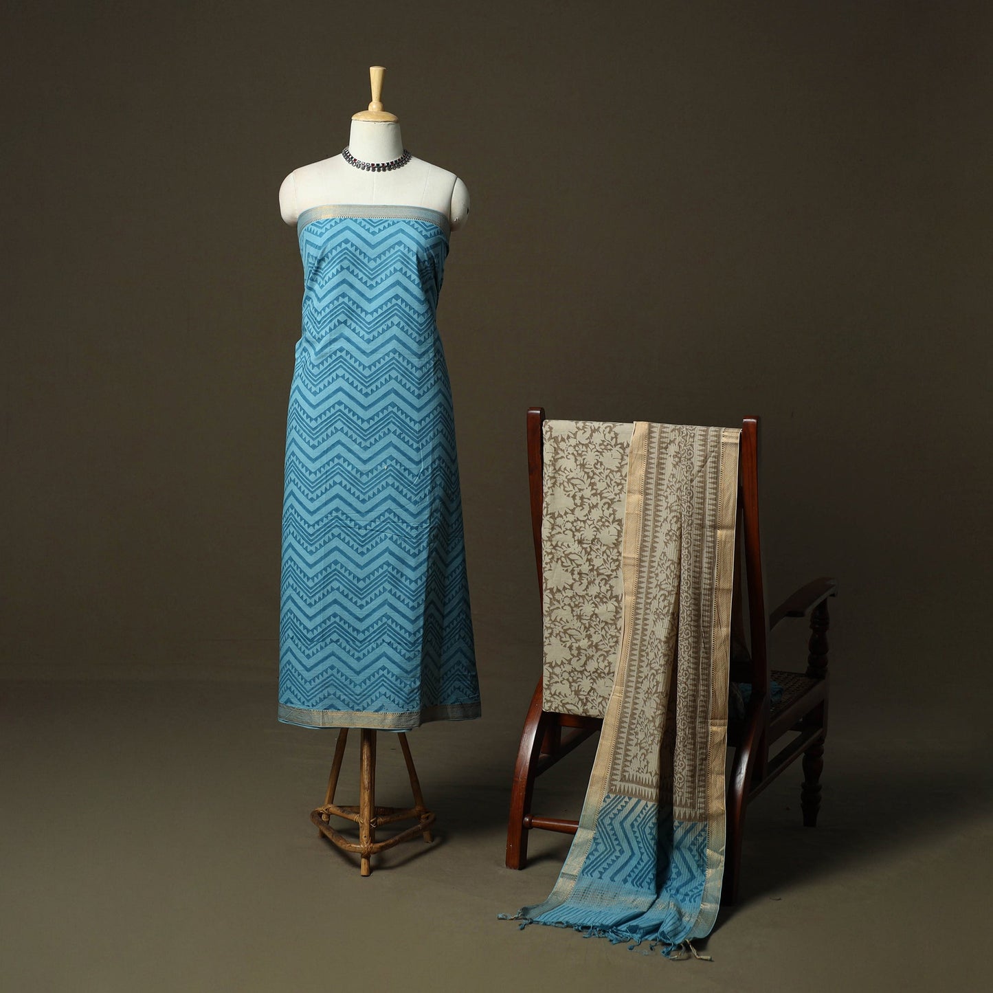 Hand block print mangalagiri cotton 3pc unstitched dress