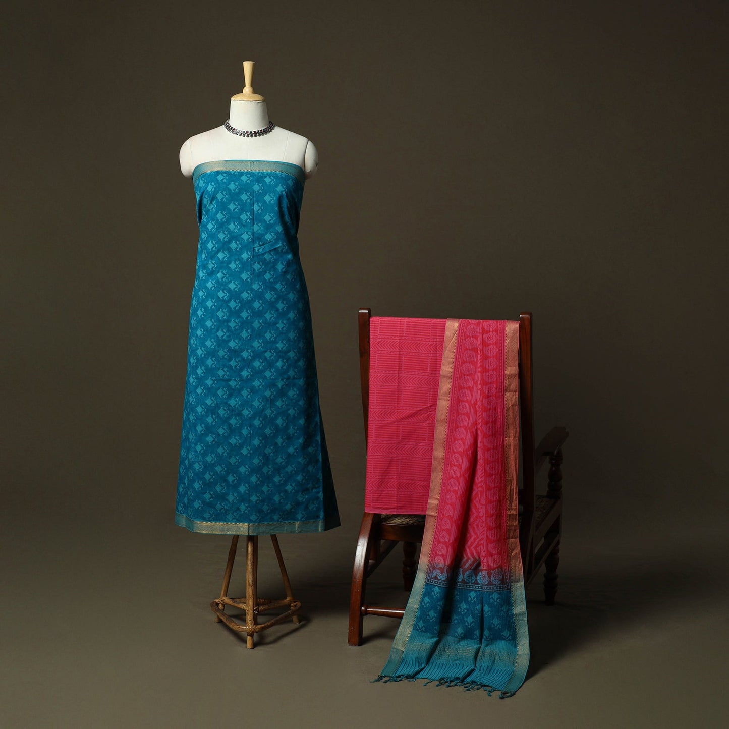 Hand block print mangalagiri cotton 3pc unstitched dress
