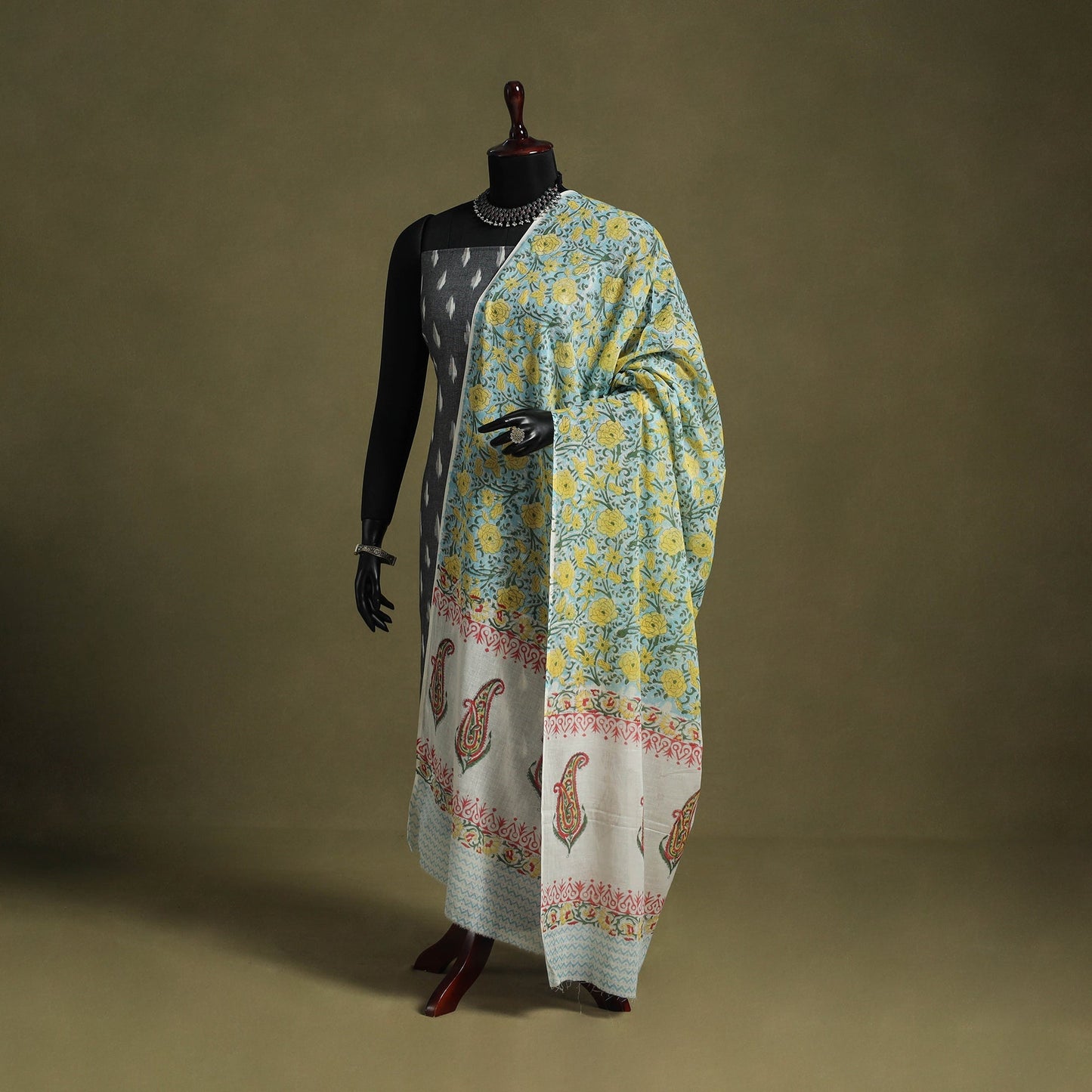Blue - hand mul cotton sanganeri dupatta 20 - handcrafted