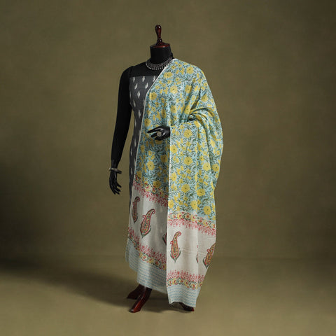 Blue - hand mul cotton sanganeri dupatta 20 - handcrafted