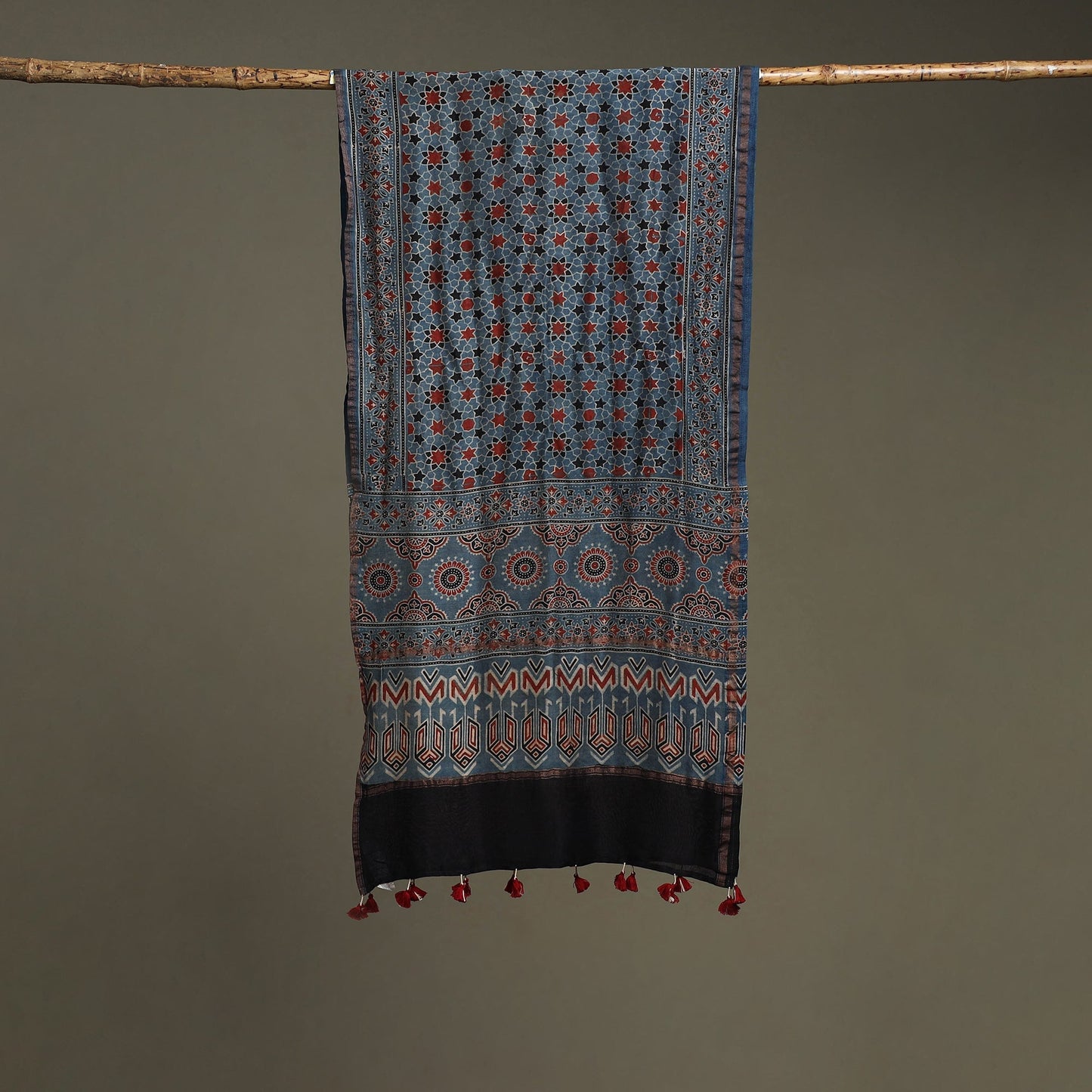 Hand natural dyed chanderi silk stole with tassels 18