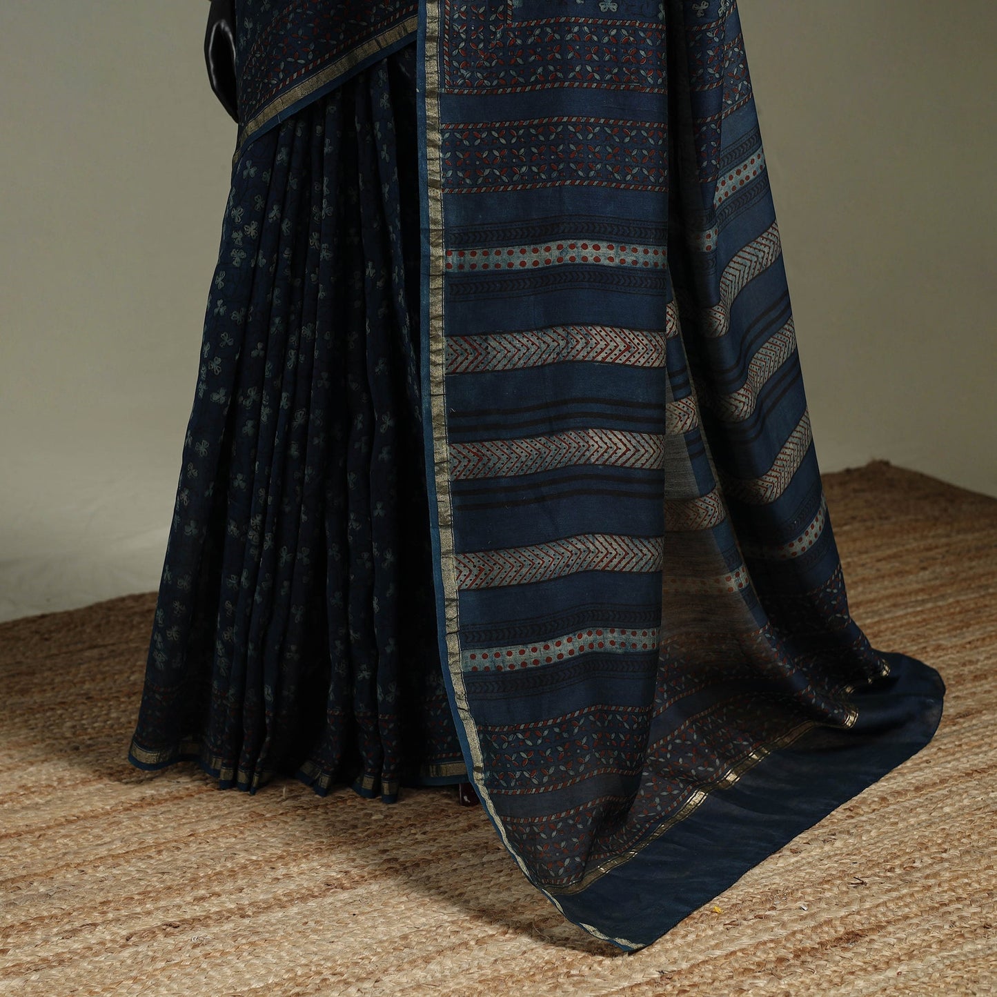 Hand block print natural dyed chanderi silk akola saree 08