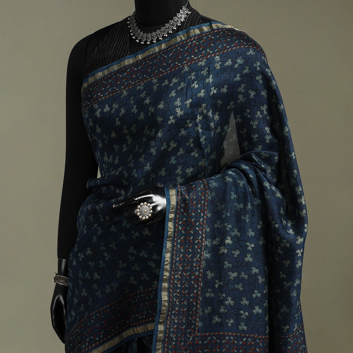 Hand block print natural dyed chanderi silk akola saree 08