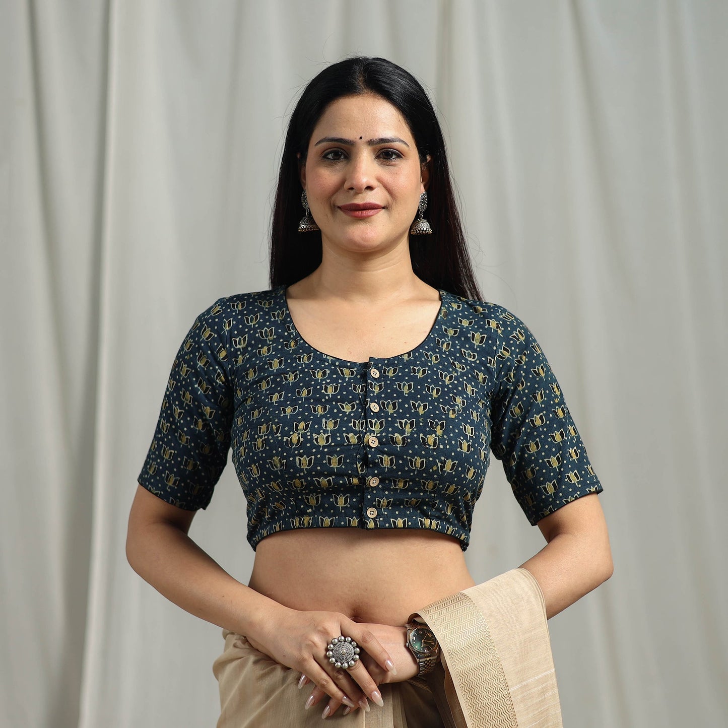 Hand natural dyed cotton readymade blouse 01 - handcrafted