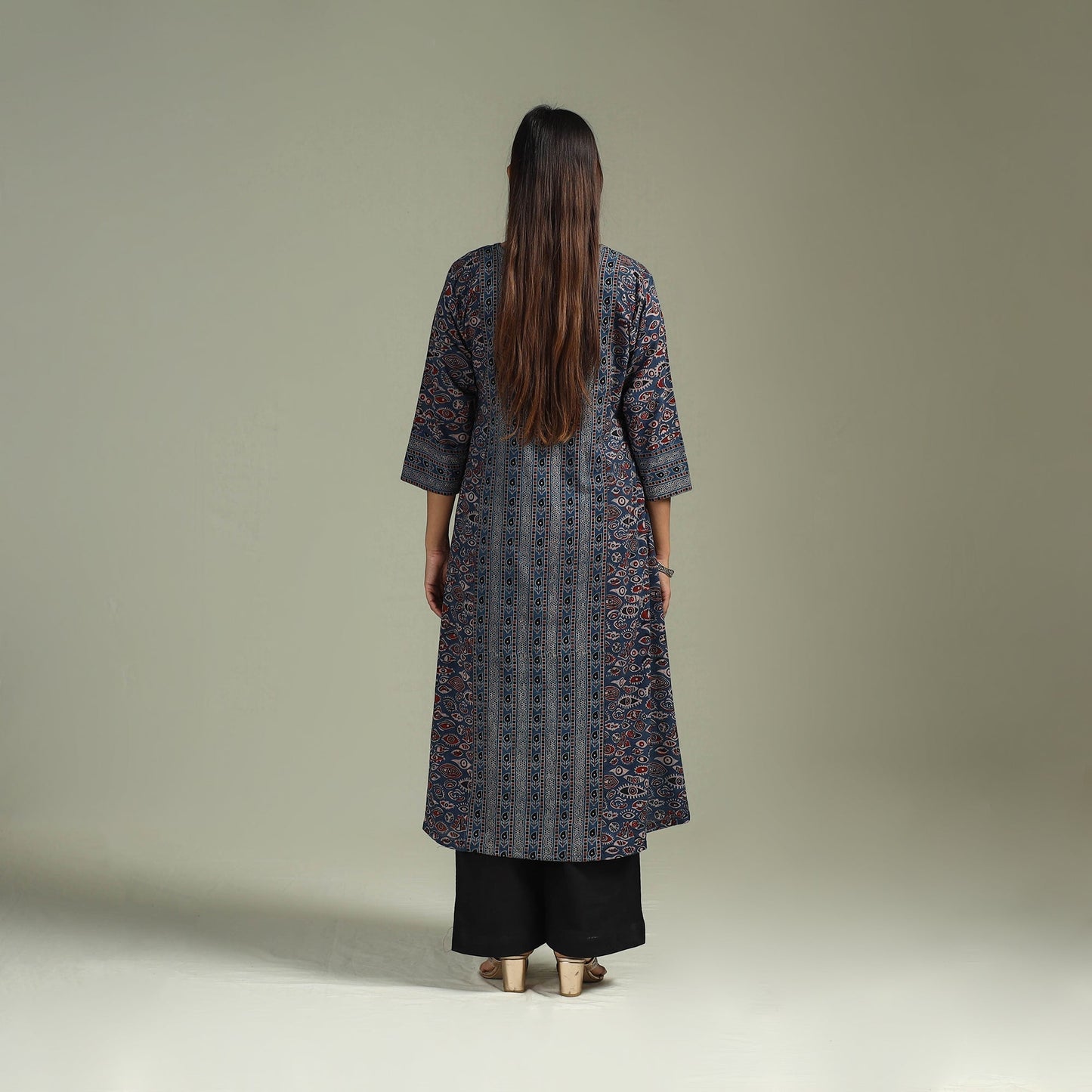 Hand block print natural dyed cotton a-line ajrakh kurta