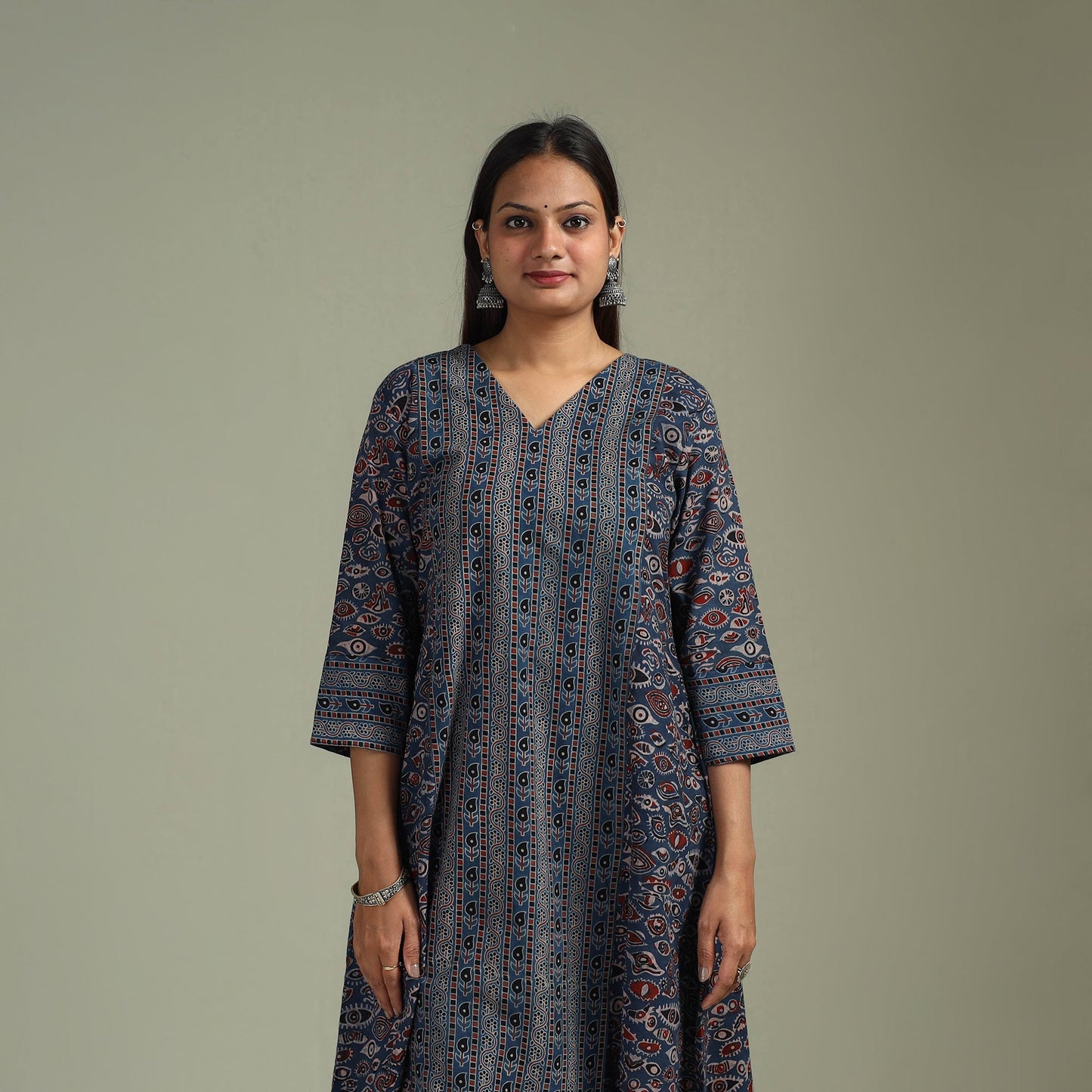 Hand block print natural dyed cotton a-line ajrakh kurta