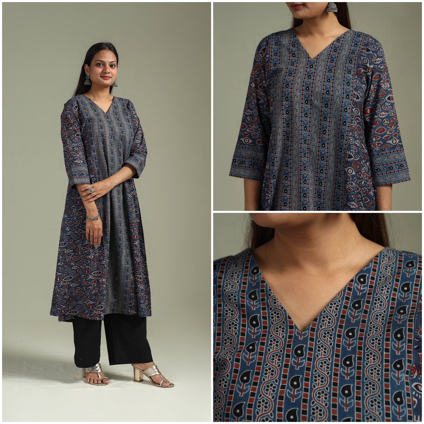 Hand block print natural dyed cotton a-line ajrakh kurta