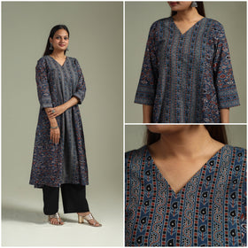 Hand block print natural dyed cotton a-line ajrakh kurta